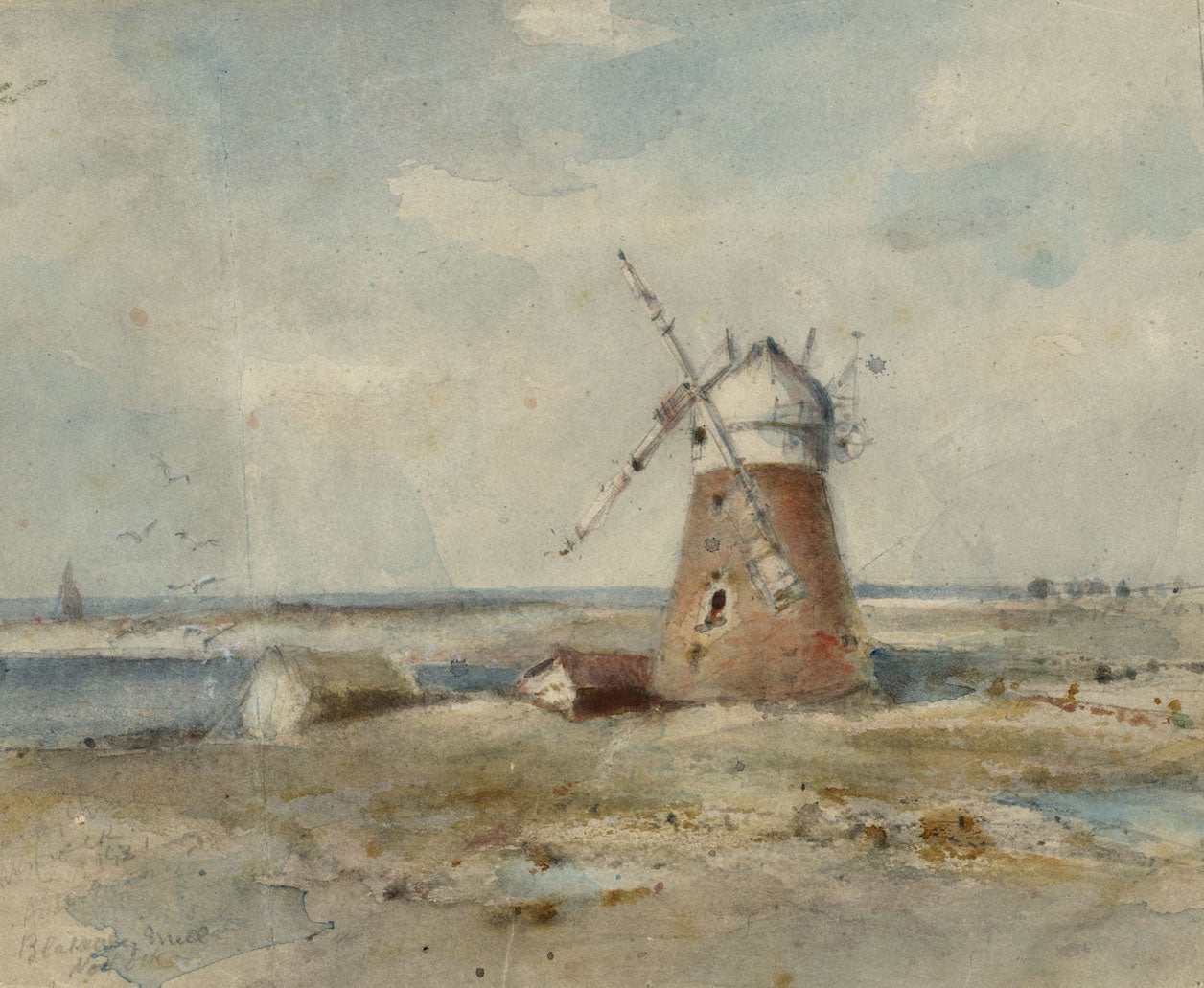 Arthur E. Davies RBA RCA, Blakeney Windmill, Norfolk – 1931 watercolour painting