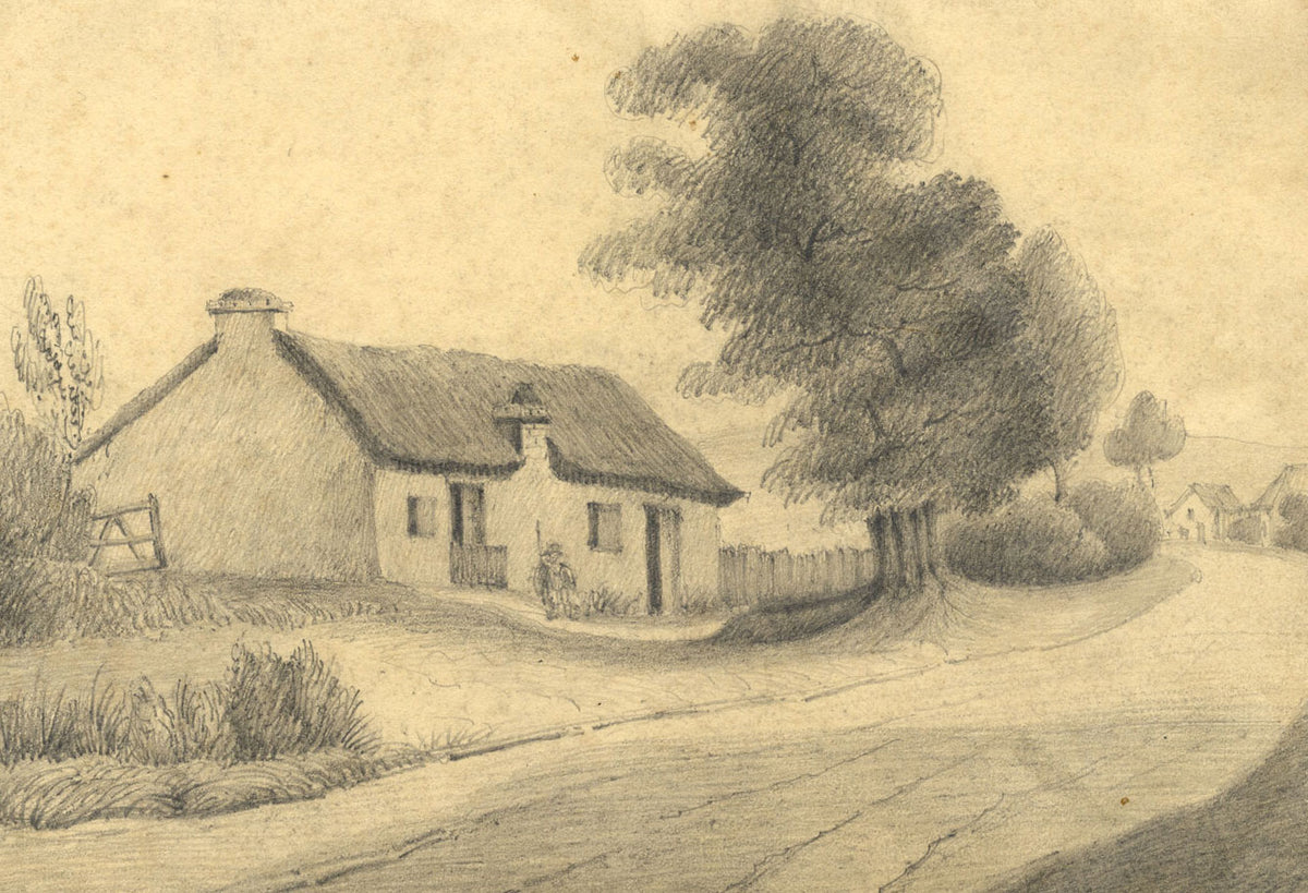 W. Allcot, Roadside Cottage with Resting Traveller – 1850s graphite drawing