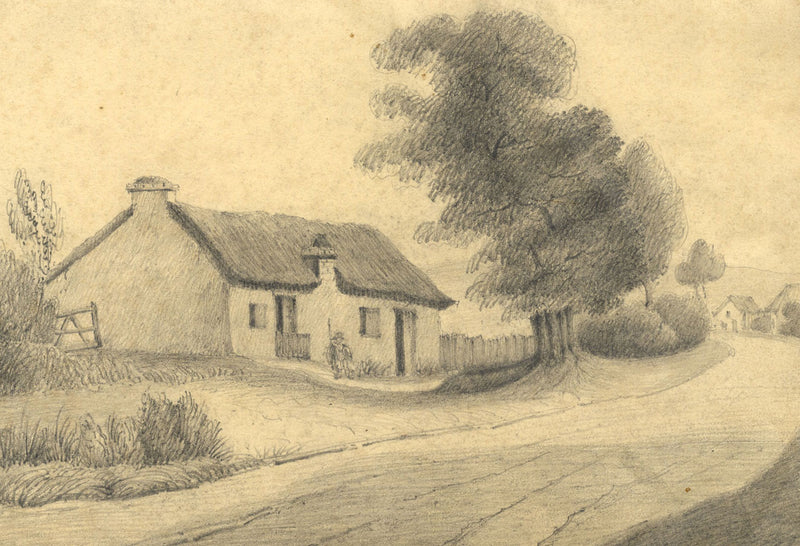 W. Allcot, Roadside Cottage with Resting Traveller – 1850s graphite drawing