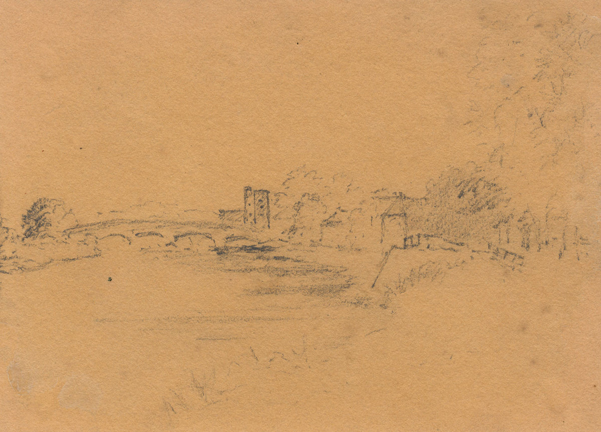 William Burgess of Dover, River with Medieval Bridge –Early 19th-century drawing