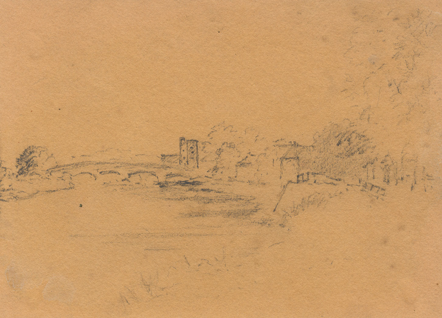 William Burgess of Dover, River with Medieval Bridge –Early 19th-century drawing