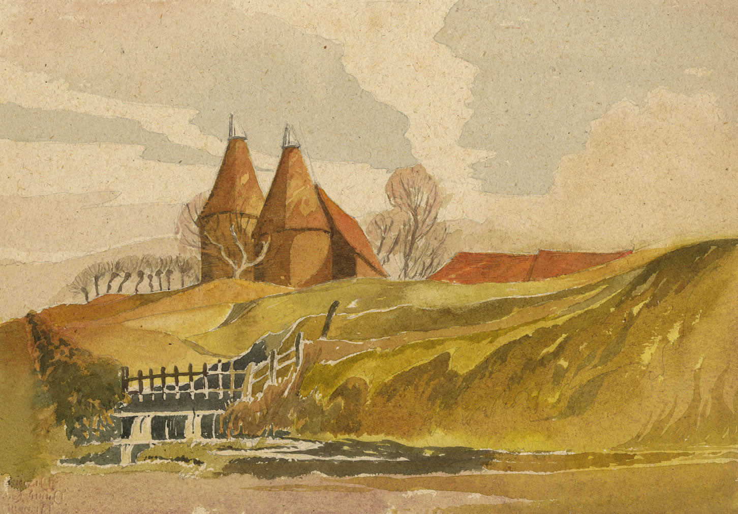 Patrick A. Faulkner, Oast Houses by Sluice Gate – Mid-20th-century watercolour