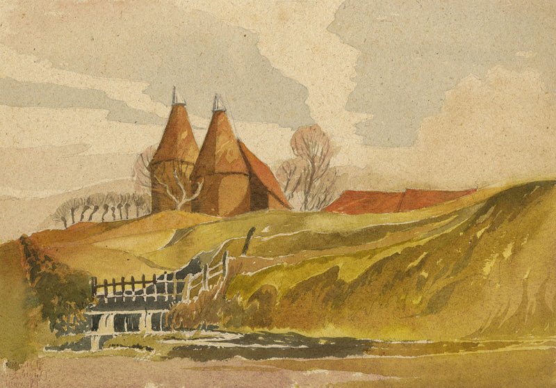 Patrick A. Faulkner, Oast Houses by Sluice Gate – Mid-20th-century watercolour