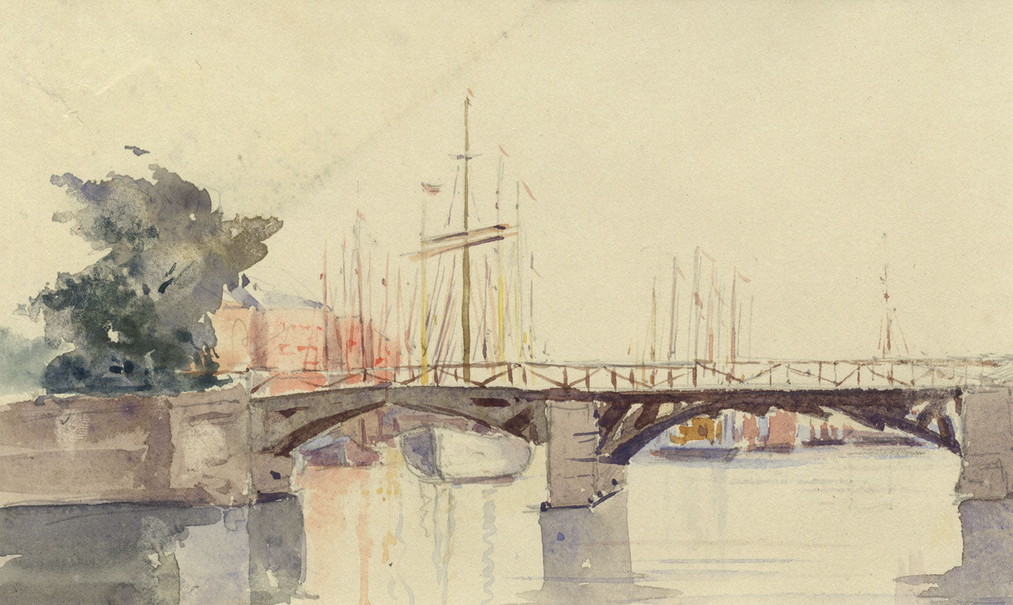 Bridge over River Nissan, Halmstad, Sweden – Original 1904 watercolour painting