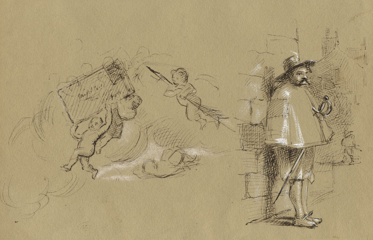 Ernest Crofts RA, Courtly Lover & Cupid – Late 19th-century pen & ink drawing