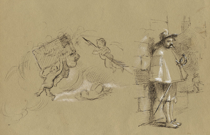 Ernest Crofts RA, Courtly Lover & Cupid – Late 19th-century pen & ink drawing