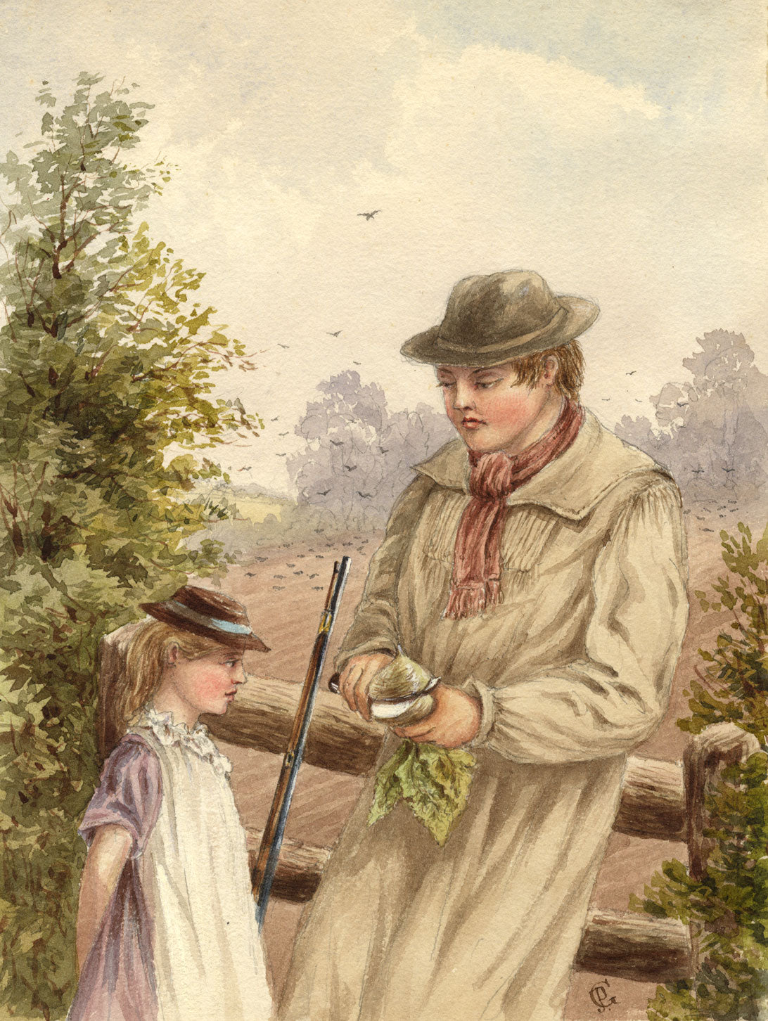 G.P., Divided: Girl with Boy Cutting Turnip – c.1880s watercolour painting