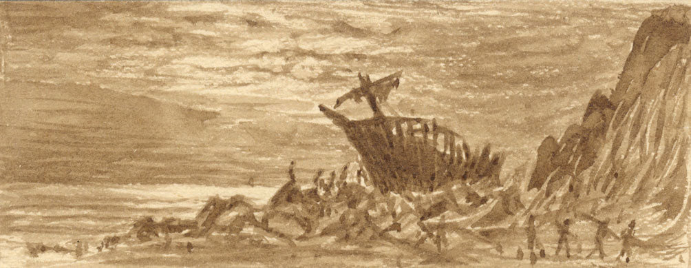 E. Venis, Shipwreck on Rocks, Hastings – 19th-century sepia watercolour painting