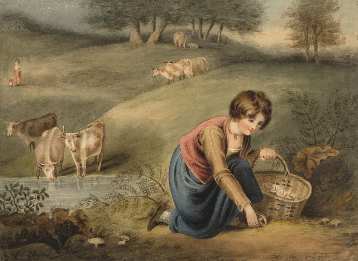 Pupil of Richard Westall RA, A Girl Gathering Mushrooms –Early C19th watercolour