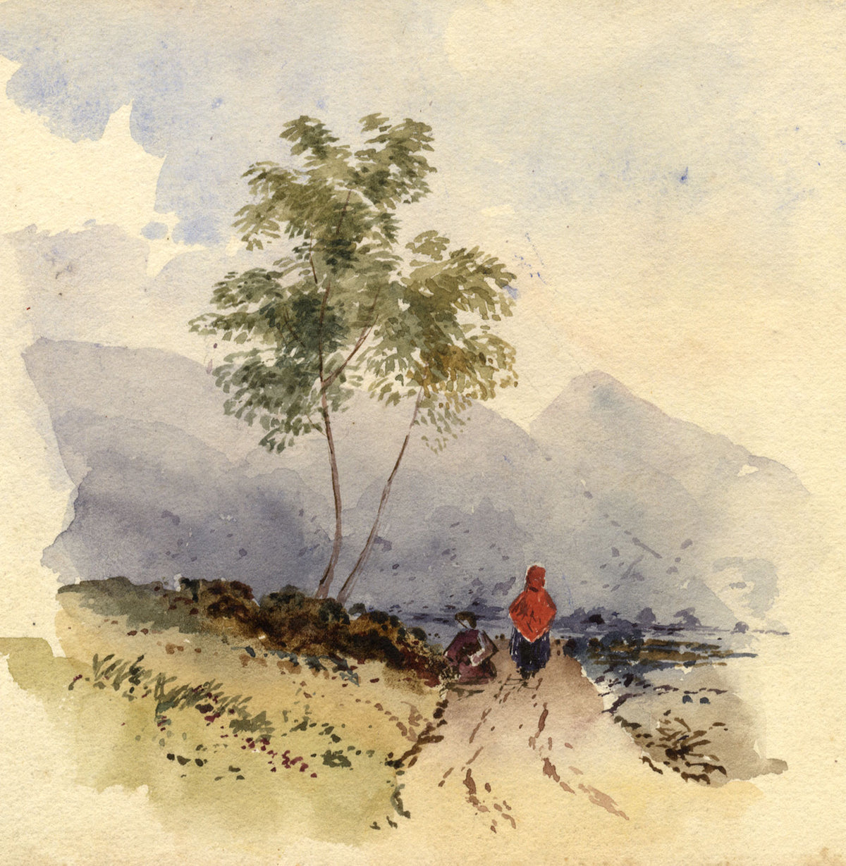 Figures on Rural Road – Original c.1862 watercolour painting