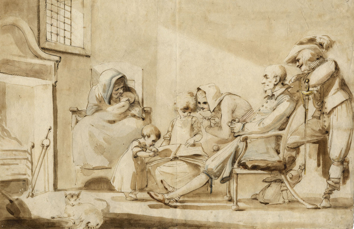 William Lock the Younger, Interior Scene with Figures – 1784 ink & wash drawing