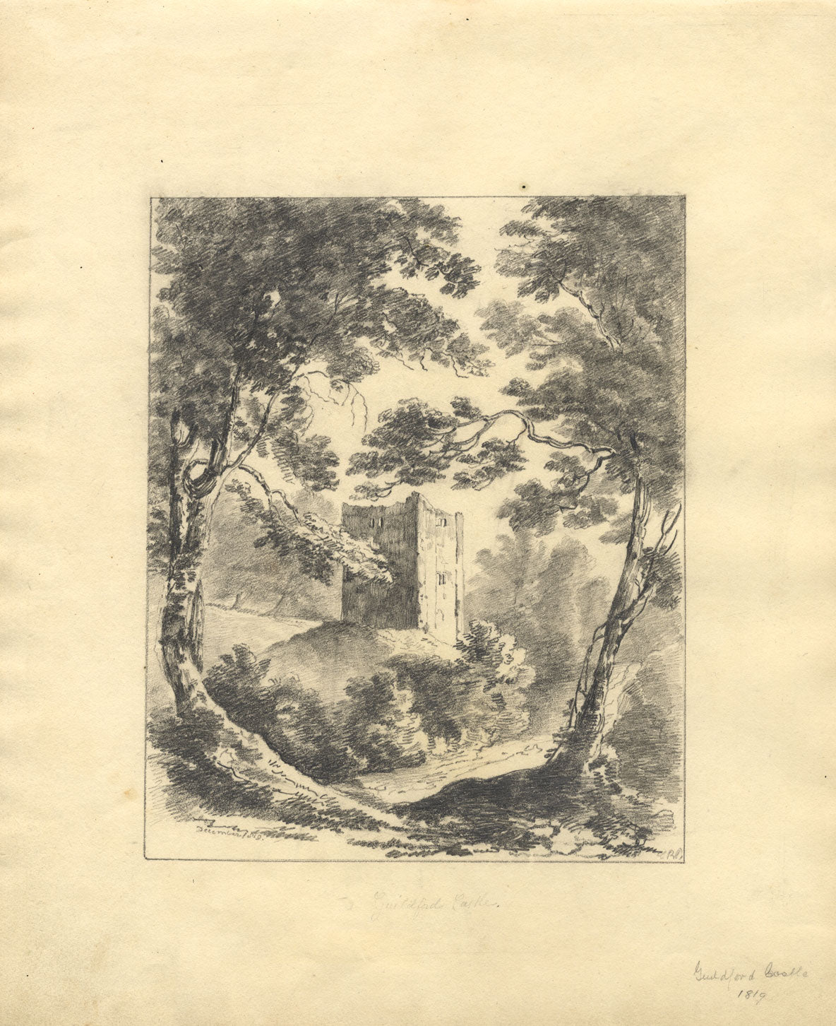 CB Pearson, Castello di Guildford, Surrey – Disegno originale a grafite del 1819