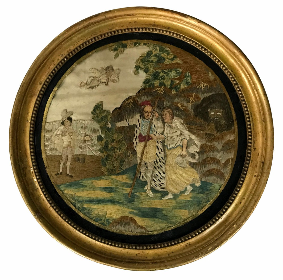 Antique 18th-century Silkwork Embroidery – Biblical Scene with Archangel Raphael