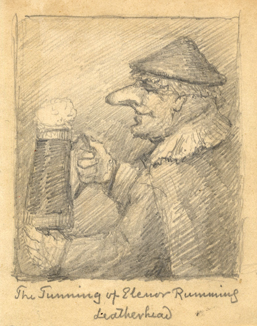 Frank Rutley, The Tunning of Eleanor Rumming, Leatherhead – c.1892 drawing