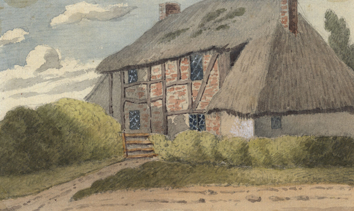 W. Allcot, Half-timbered Thatched Cottage – Original 1850s watercolour painting