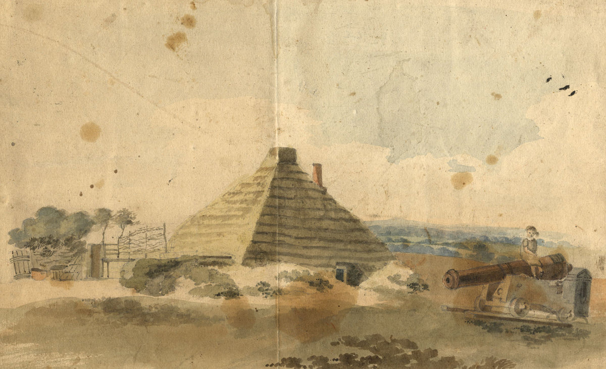 Allcot, Thatched Hut with Child Atop Cannon – Original 1807 watercolour painting