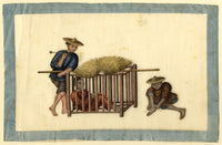 Dipinto antico cinese del XIX secolo, scena di tortura: prigioniero in gabbia