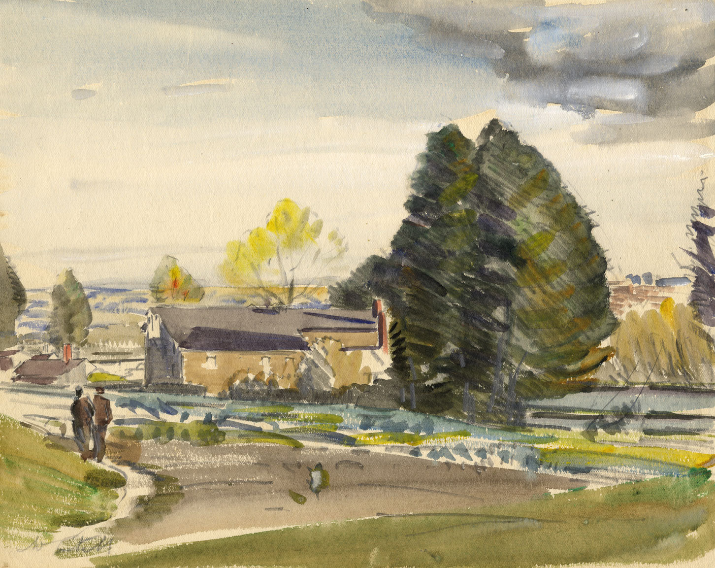 Walter Cristall, Walking Figures with Downs View –Early 20th-century watercolour