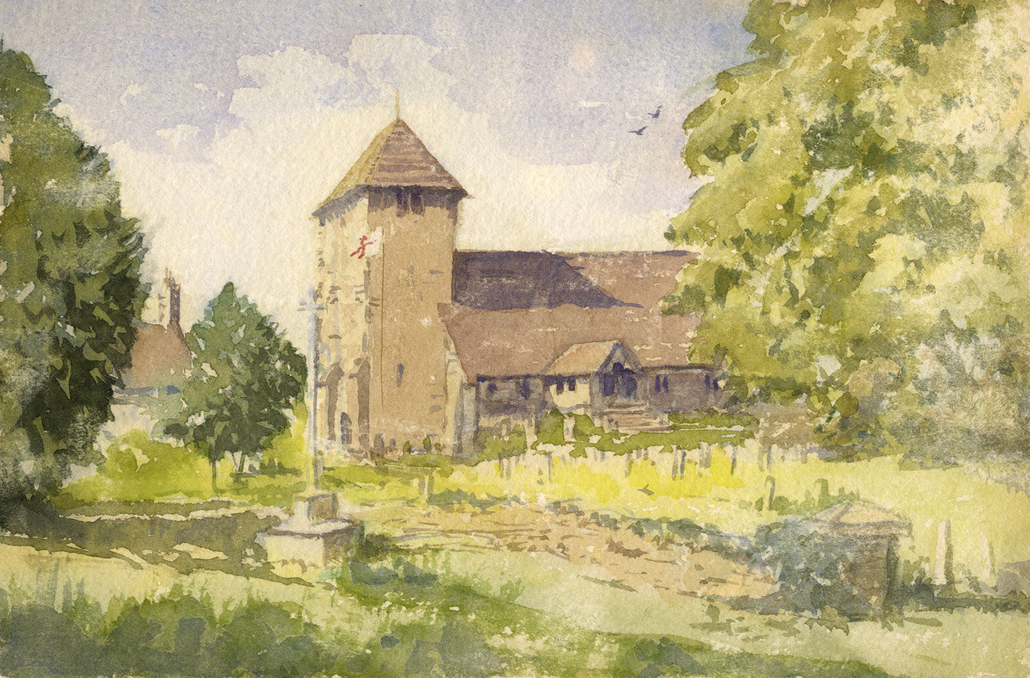 Saxon Church & Graveyard – Original mid-20th-century watercolour painting