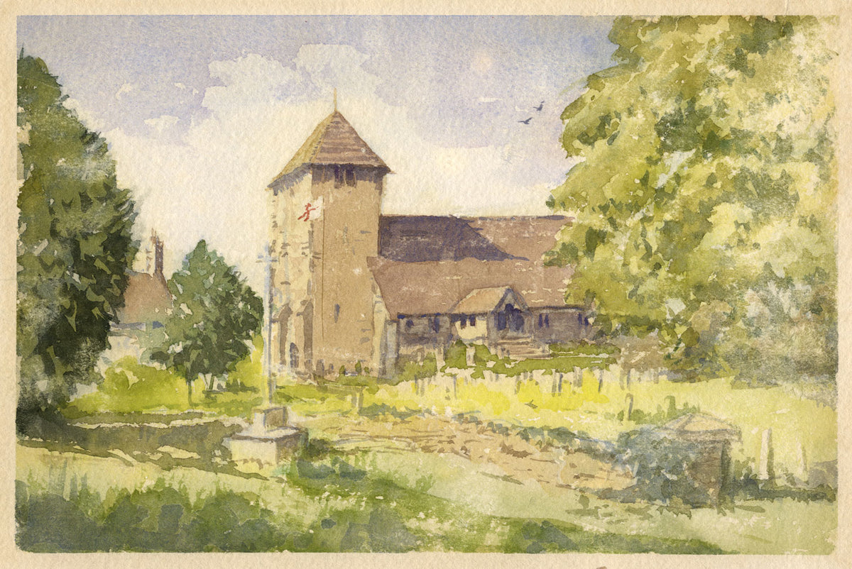 Chiesa e cimitero sassone – Acquerello originale della metà del XX secolo