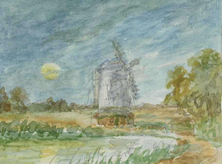 Robert J. Gedge, Windmill by Moonlight, Norfolk – c.1930s miniature watercolour