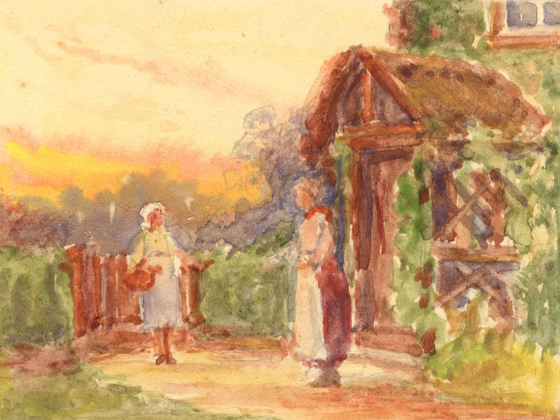 Robert J. Gedge, Figures on Garden Path, Norfolk – 1931 miniature watercolour