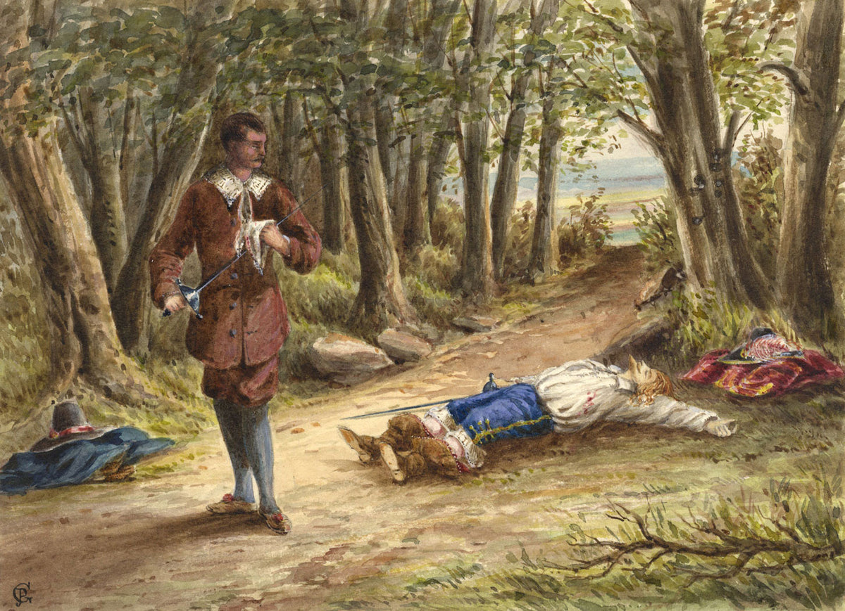 G.P., Mauvais quart d'heure: Roundhead vs Cavalier –c.1880s watercolour painting