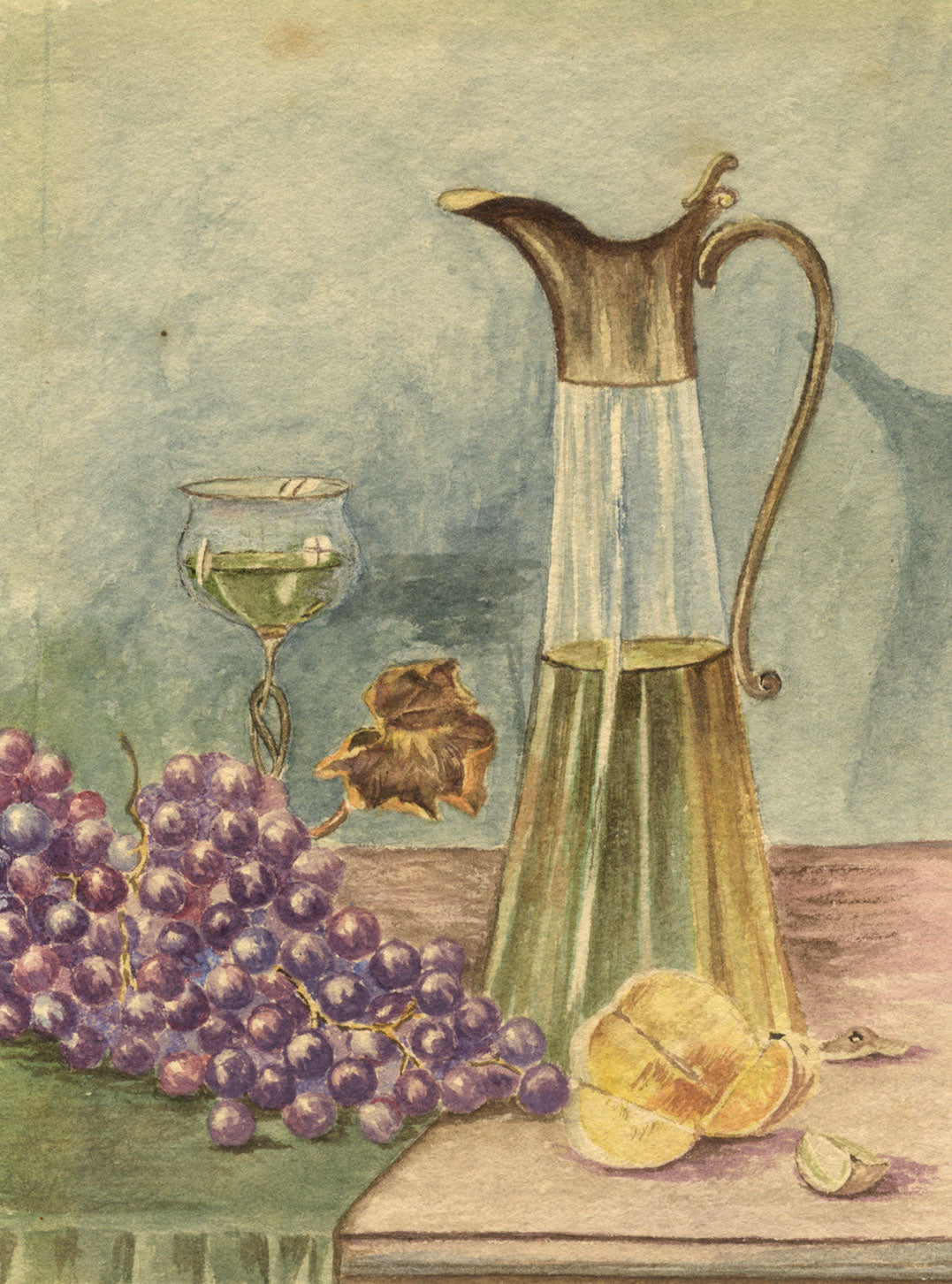 Wine Jug & Grapes Still Life – Original c.1908 watercolour painting