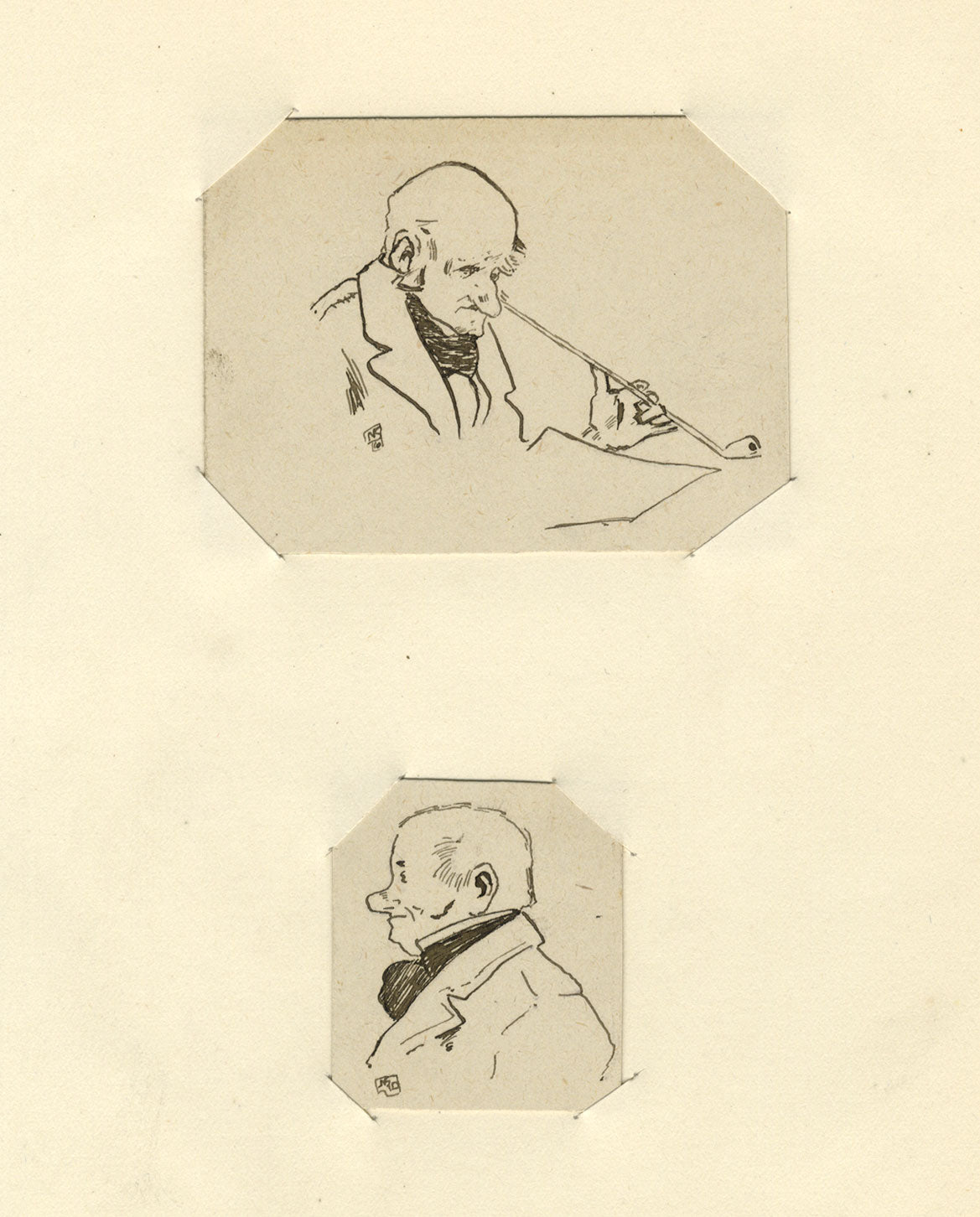Miniature Portaits, Gentleman with Churchwarden Pipe–Two 1910 pen & ink drawings