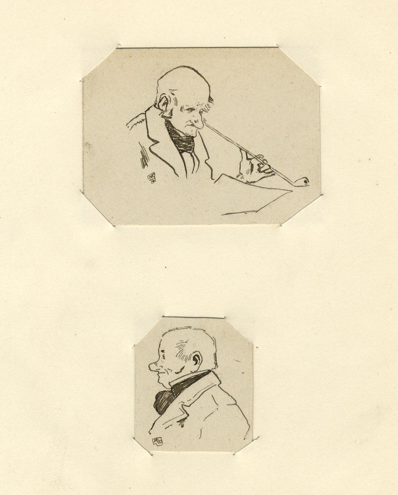 Miniature Portaits, Gentleman with Churchwarden Pipe–Two 1910 pen & ink drawings