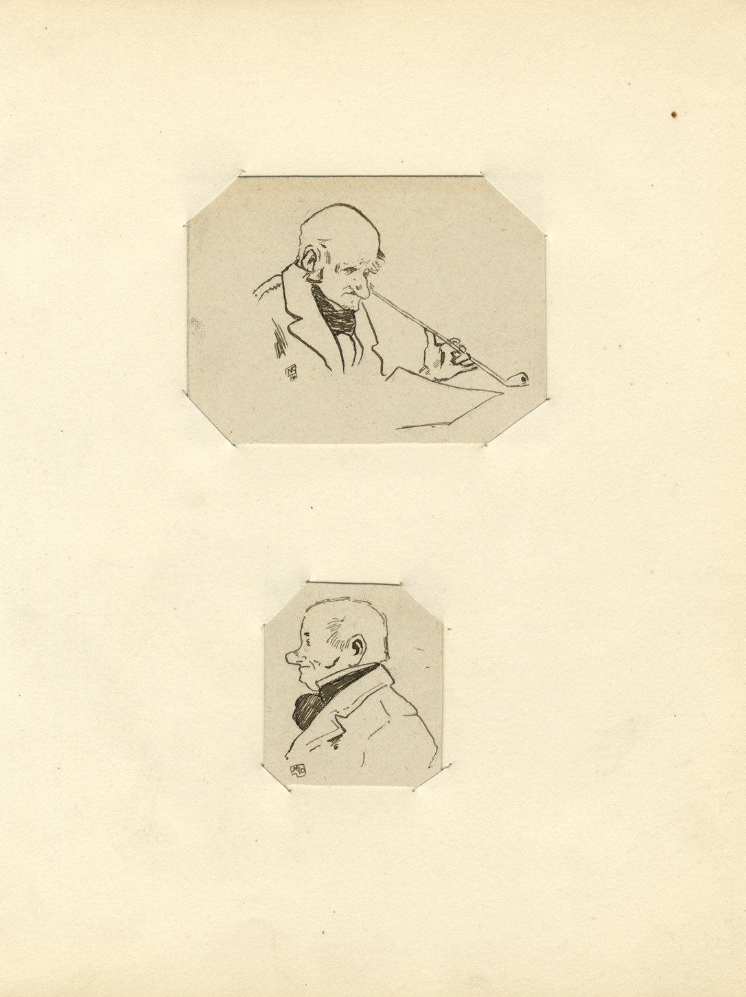 Miniature Portaits, Gentleman with Churchwarden Pipe–Two 1910 pen & ink drawings