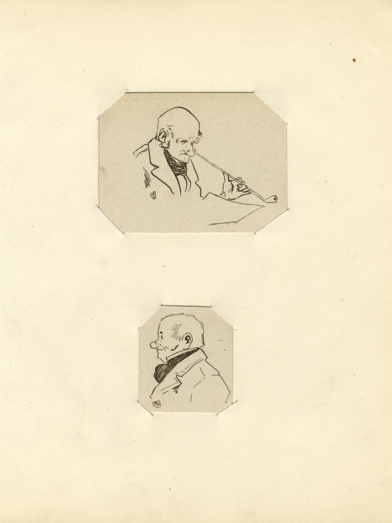 Miniature Portaits, Gentleman with Churchwarden Pipe–Two 1910 pen & ink drawings