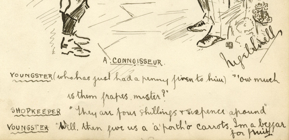 Nigel Snell, 'intenditore', negoziante e ragazzo, cartone animato – disegno a inchiostro del 1908 circa