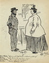 Stout mujeres y tren Porter de dibujos animados después de Phil May - 1908 de la pluma y de la tinta
