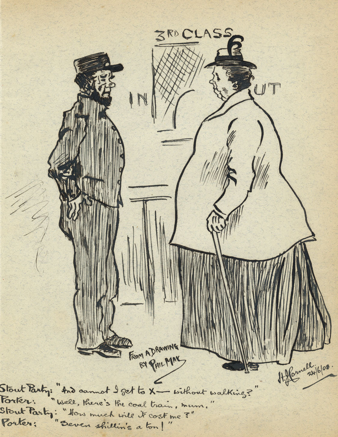 Stout mujeres y tren Porter de dibujos animados después de Phil May - 1908 de la pluma y de la tinta