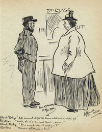 Stout mujeres y tren Porter de dibujos animados después de Phil May - 1908 de la pluma y de la tinta
