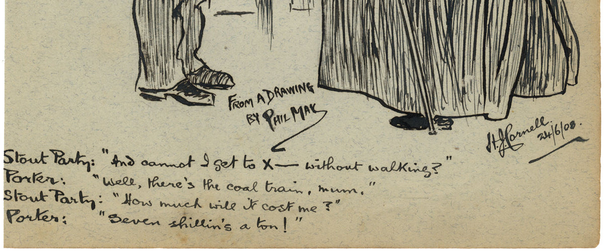 Cartone animato di Stout Women &amp; Train Porter da Phil May – disegno a inchiostro del 1908