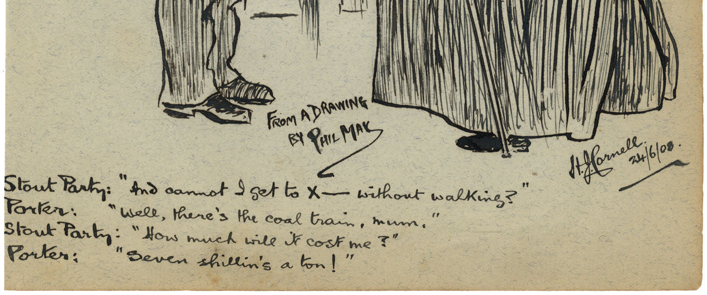 Cartone animato di Stout Women &amp; Train Porter da Phil May – disegno a inchiostro del 1908