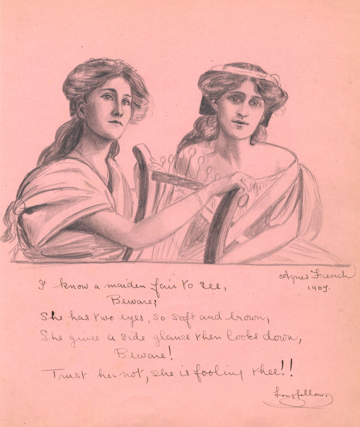 Conozco a una Feria de soltera para ver' por H. Wadsworth Longfellow - 1907 dibujo de grafito
