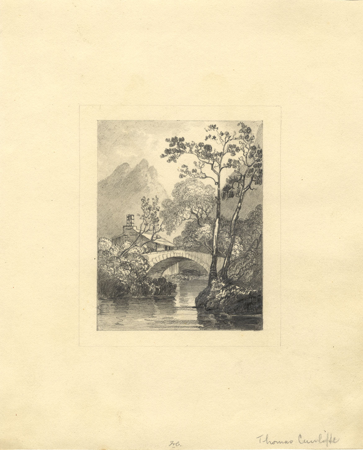Thomas Cunliffe, Landscape with Bridge – Early 19th-century graphite drawing