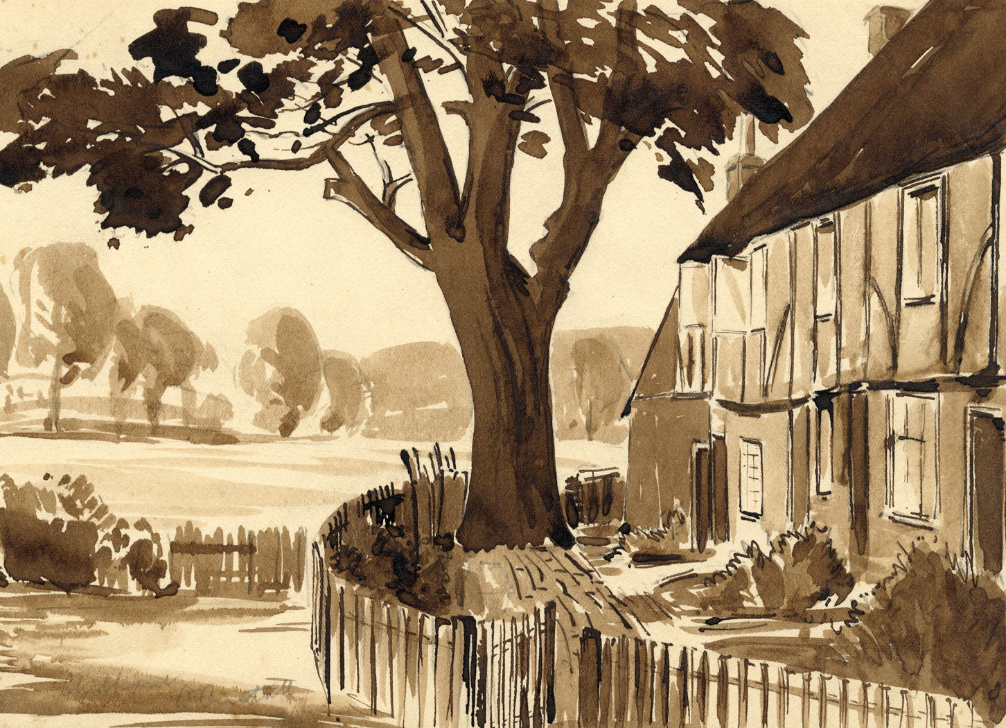 Walter Cristall, Timbered Cottages, Chilham Kent –Early 20th-century watercolour