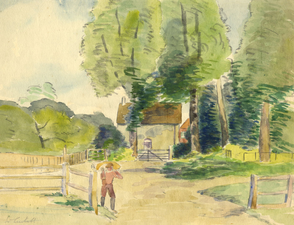 Walter Cristall, Farmworker on Rural Road – early 20th-century watercolour