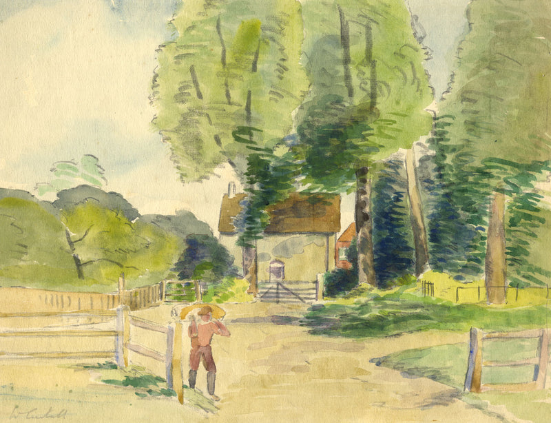Walter Cristall, Farmworker on Rural Road – early 20th-century watercolour