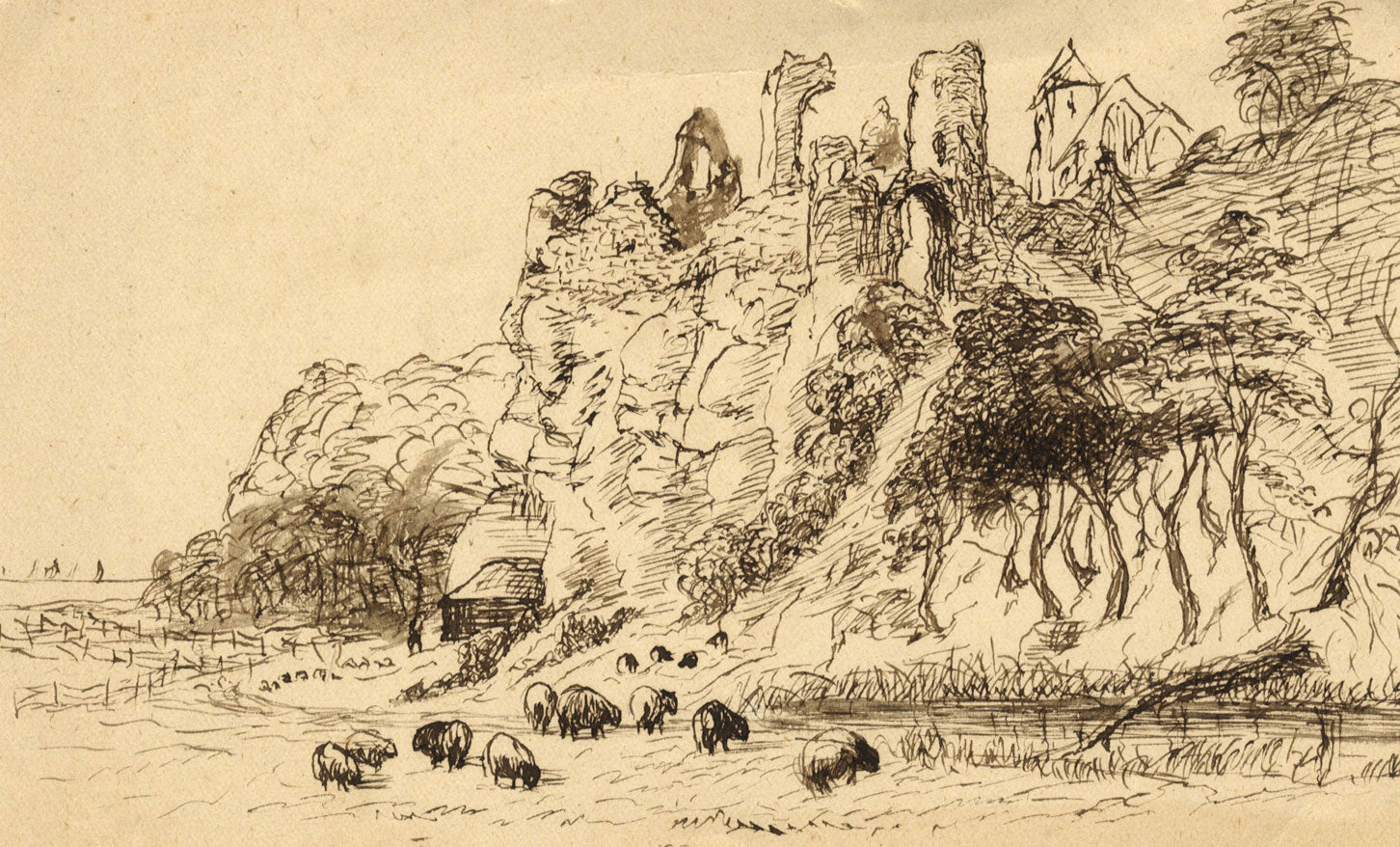 E. Venis, Rye Castle & Ypres Tower, Sussex – late 19th-century pen & ink drawing