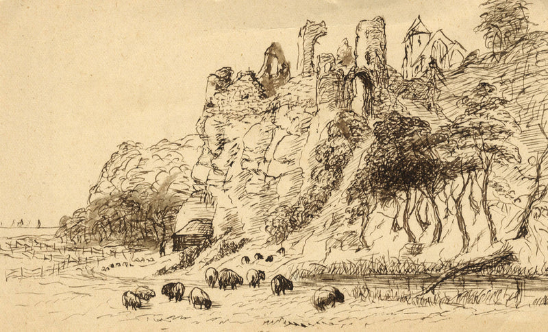 E. Venis, Rye Castle & Ypres Tower, Sussex – late 19th-century pen & ink drawing