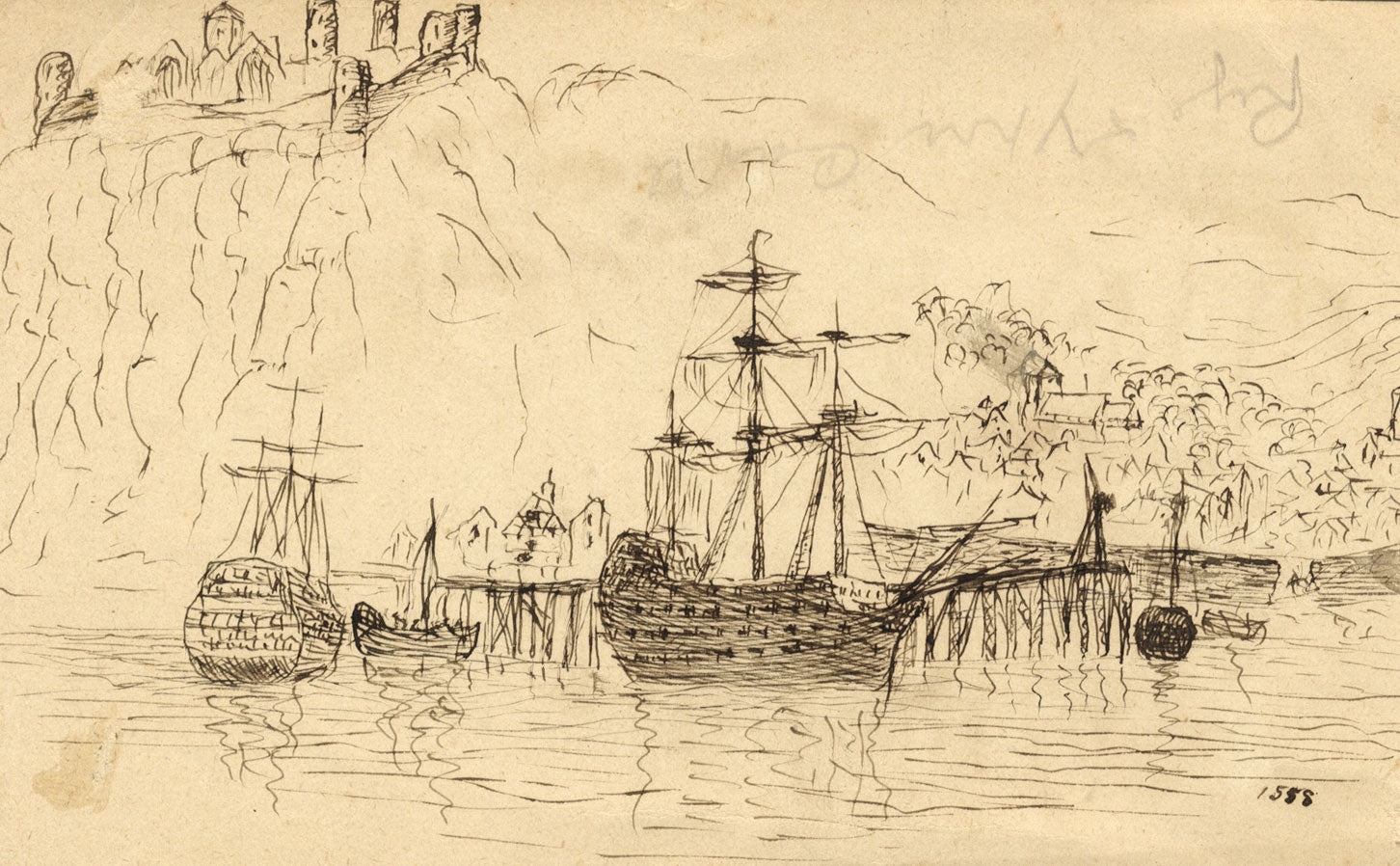 E. Venis, Rye Castle & Ypres Tower, Sussex – late 19th-century pen & ink drawing