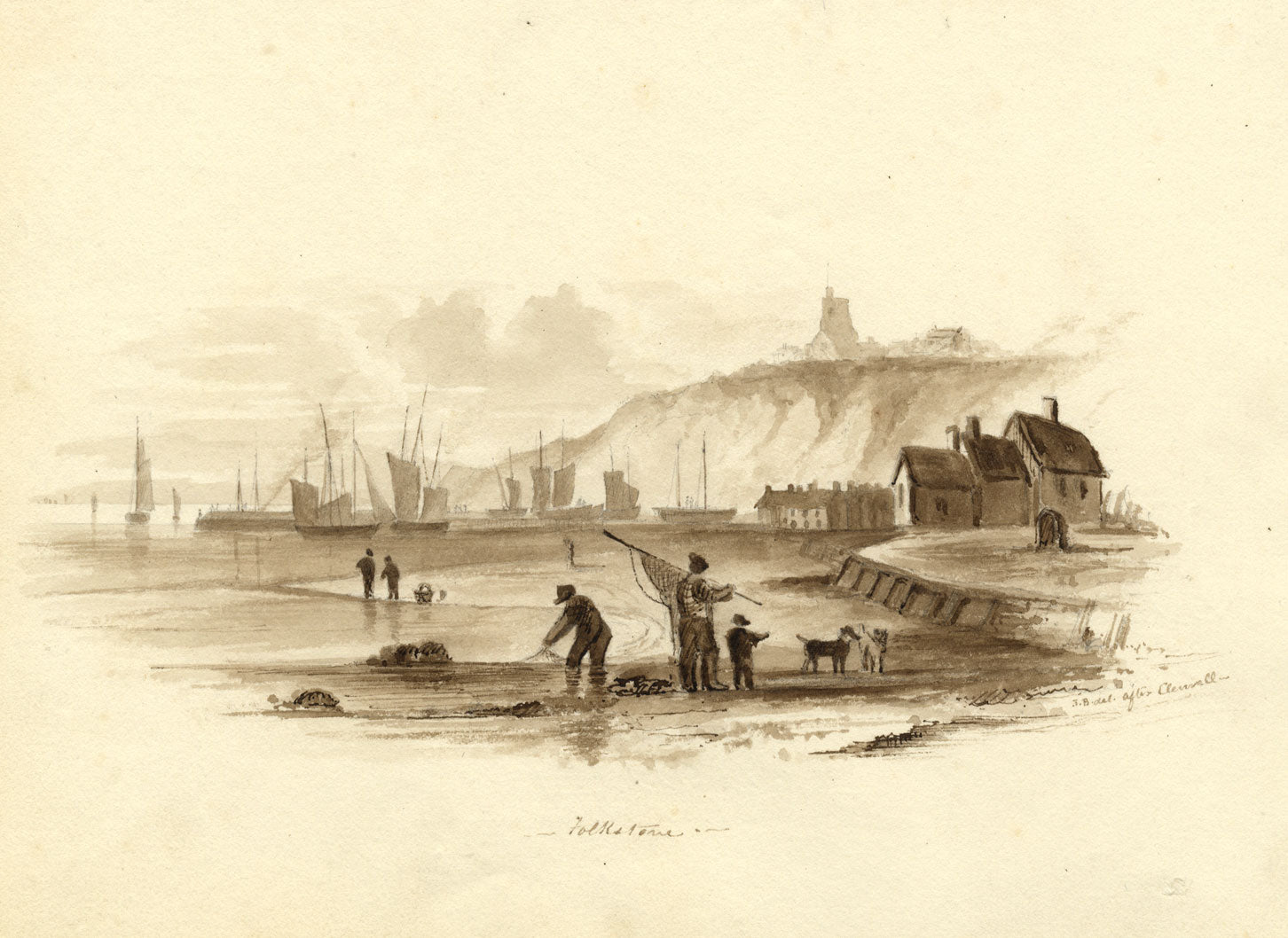 J.B., Folkestone Harbour after Luke Clennell – c.1832 watercolour painting