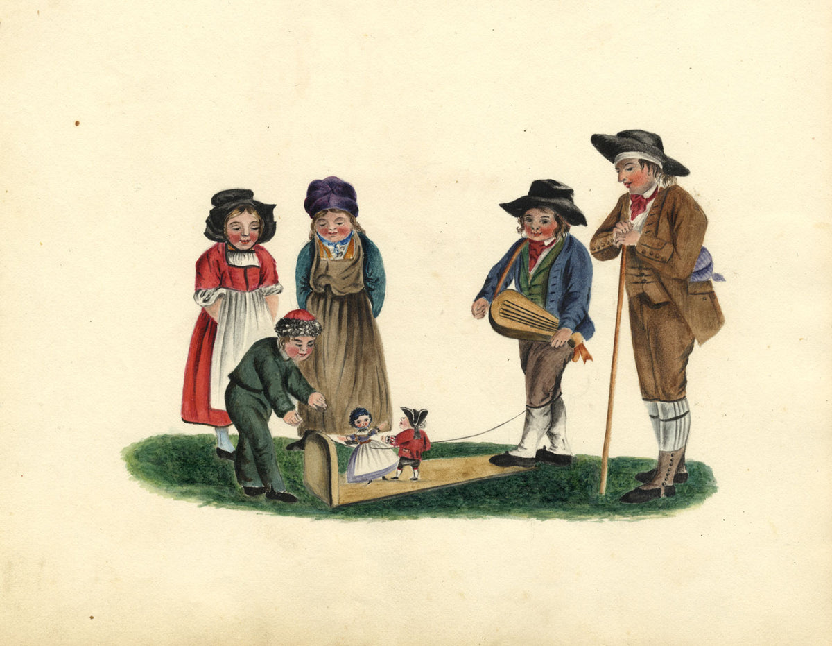 Marionette da jigging tedesche 'Marionnettes à la planchette' - acquerello del 1832 circa