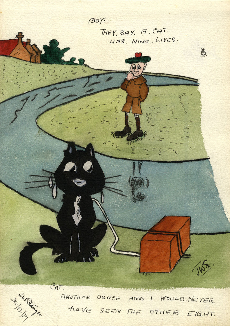J.W. Stanger, A Cat with Nine Lives Cartoon – Original 1917 watercolour painting