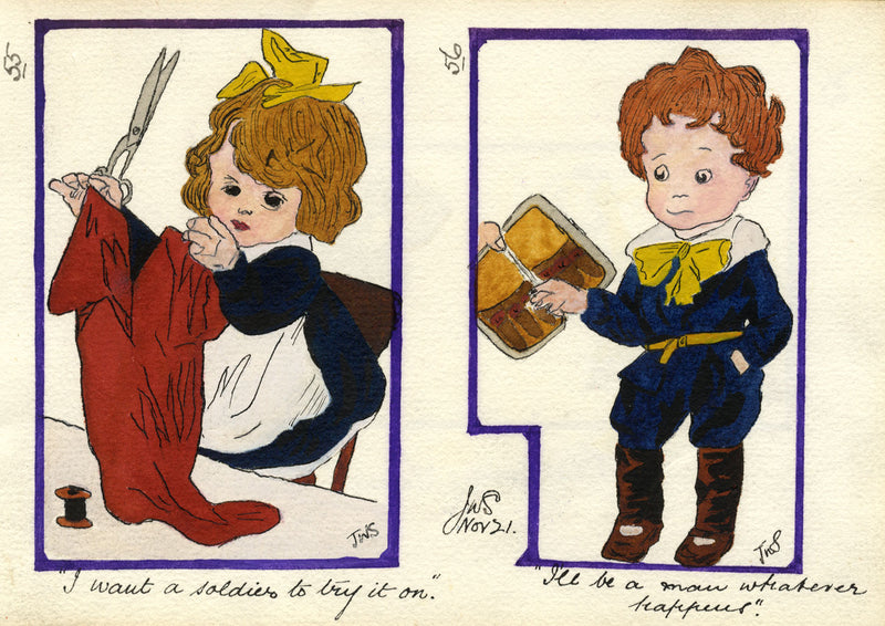 J.W. Stanger, Satirical Children War Cartoon – 1921 watercolour painting